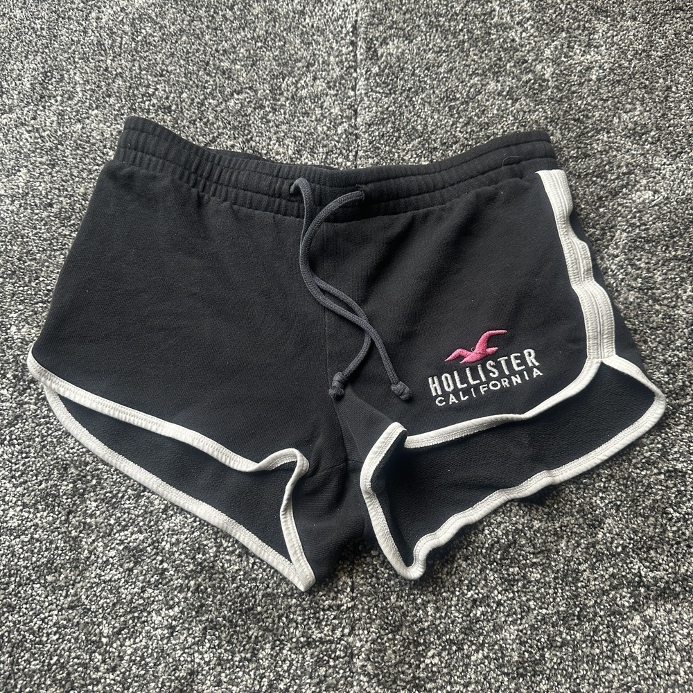 Hollister Shorts Womens XS Black Sweat Drawstring Logo Retro Runner Casual